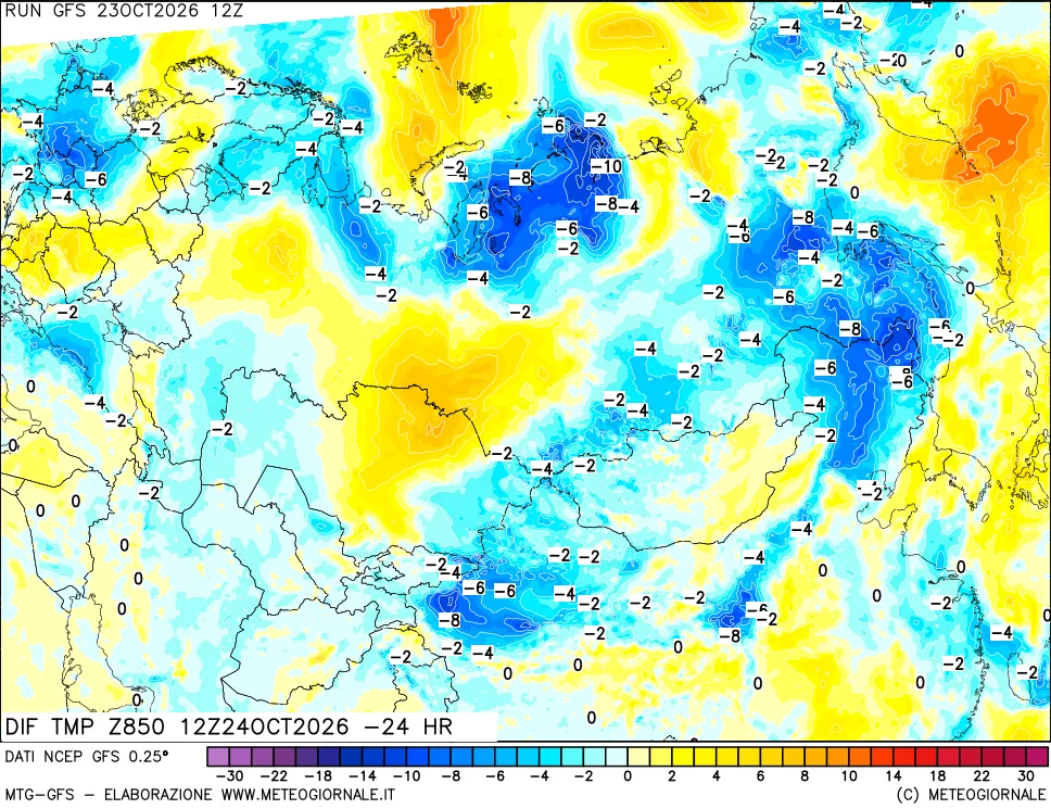 mappa Dif. Temp a 850 hPa Valid - Init