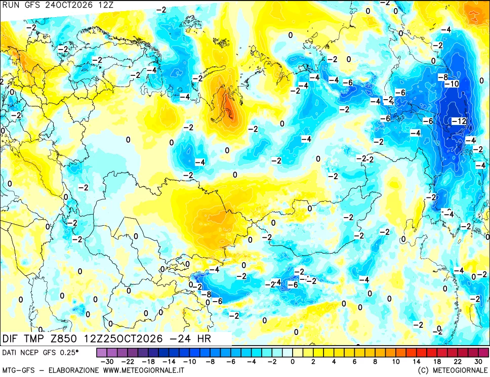 mappa Dif. Temp a 850 hPa Valid - Init