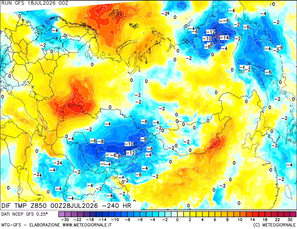 mappa Dif. Temp a 850 hPa Valid - Init