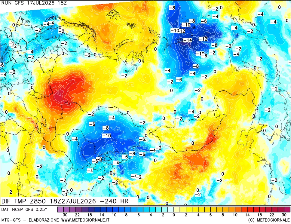 mappa Dif. Temp a 850 hPa Valid - Init