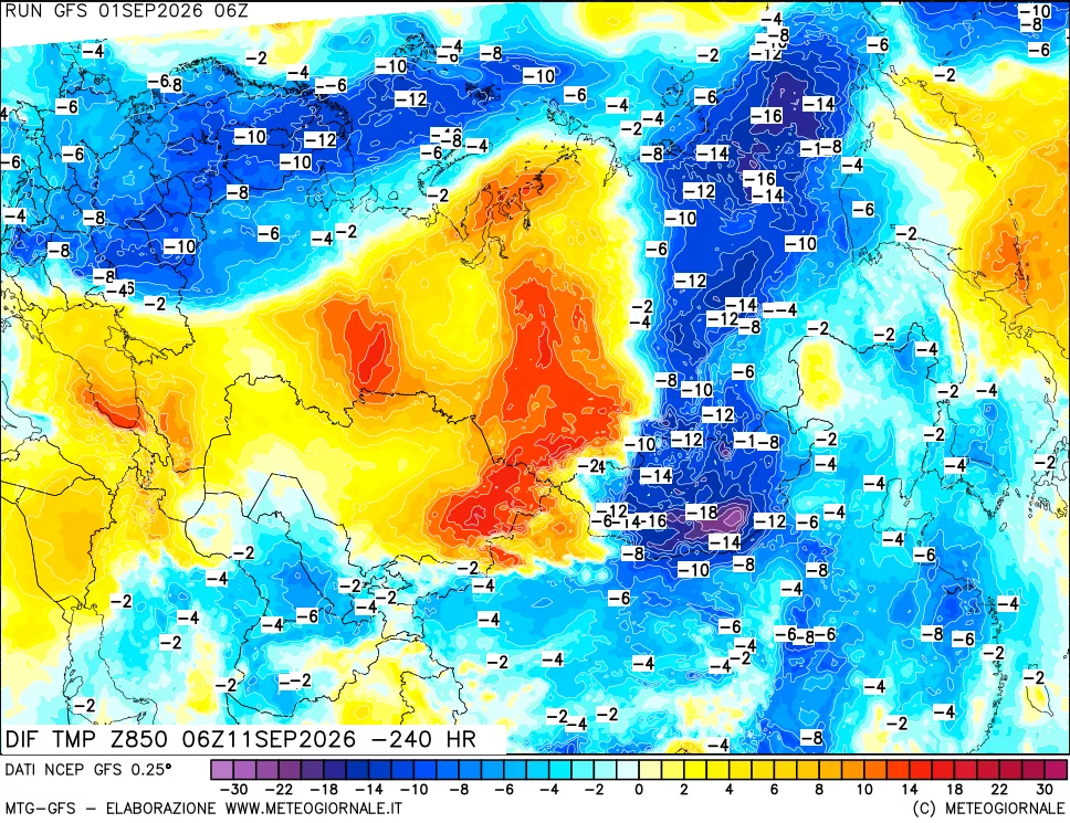 mappa Dif. Temp a 850 hPa Valid - Init