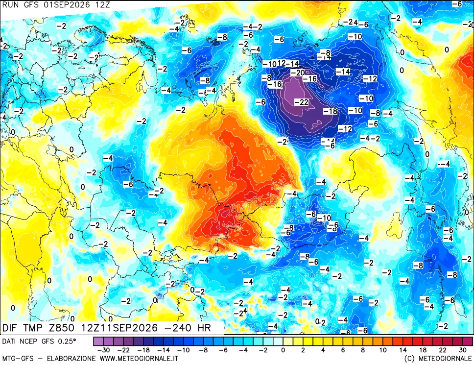 mappa Dif. Temp a 850 hPa Valid - Init