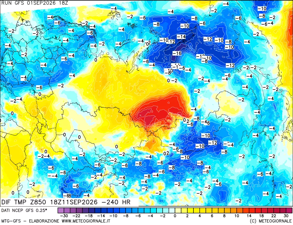 mappa Dif. Temp a 850 hPa Valid - Init