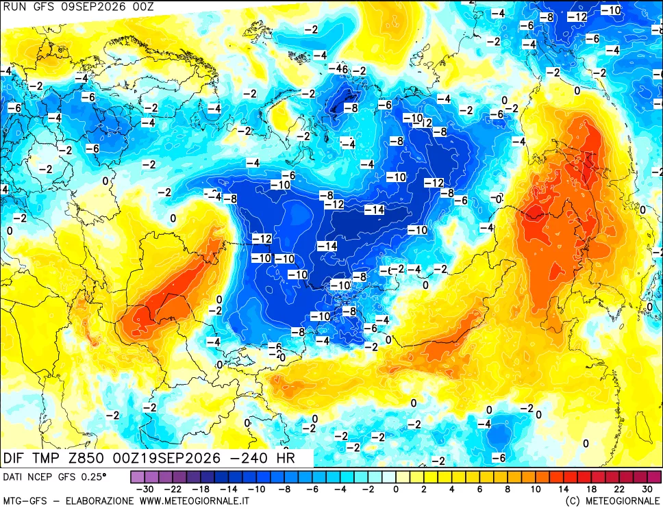 mappa Dif. Temp a 850 hPa Valid - Init