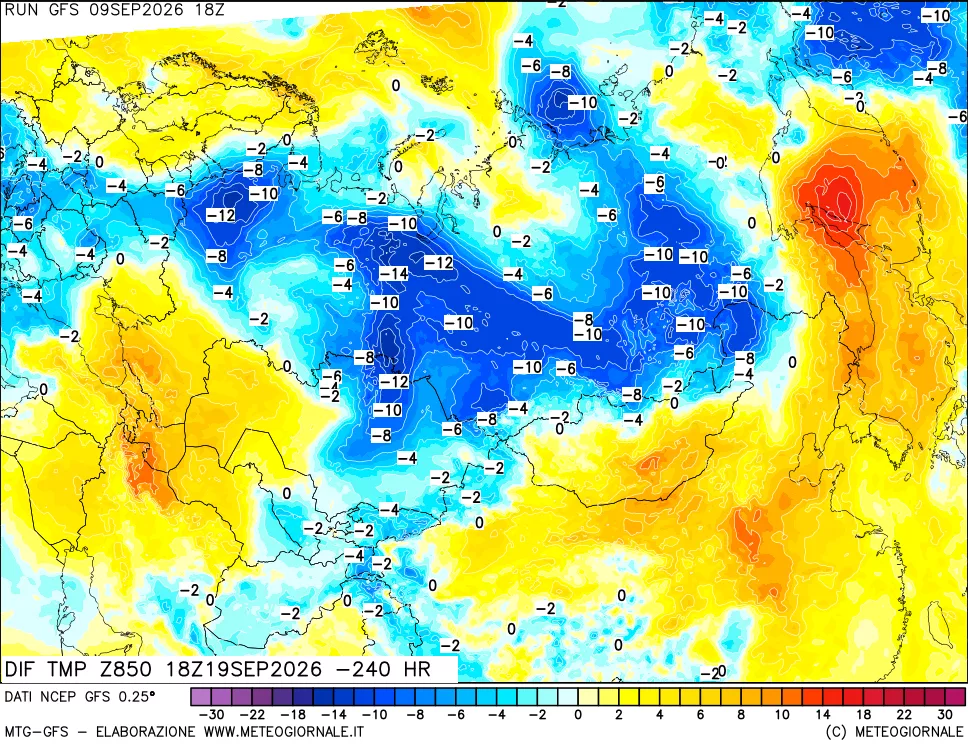 mappa Dif. Temp a 850 hPa Valid - Init