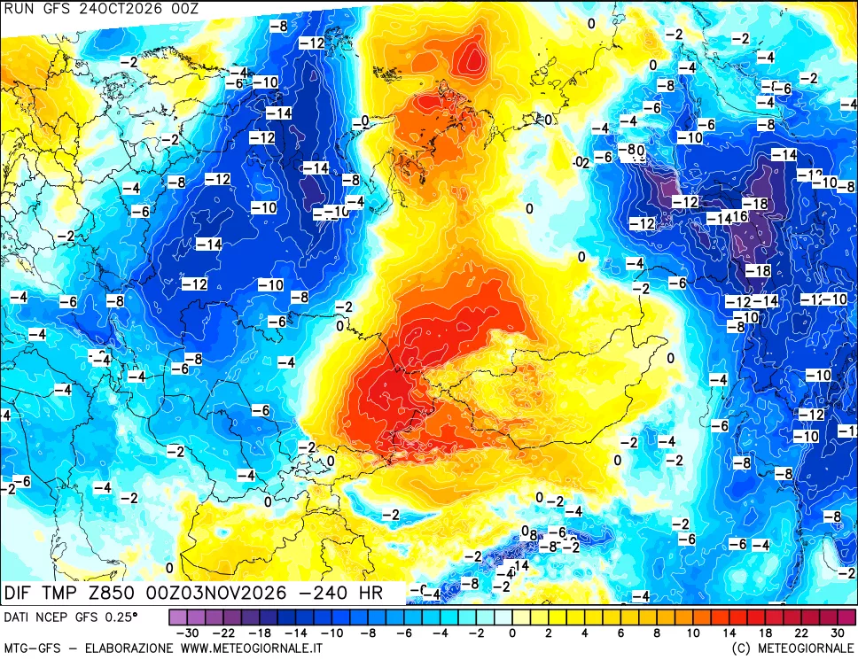 mappa Dif. Temp a 850 hPa Valid - Init