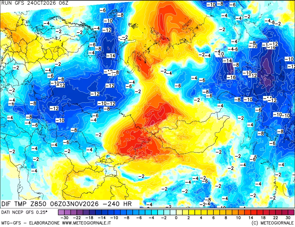 mappa Dif. Temp a 850 hPa Valid - Init
