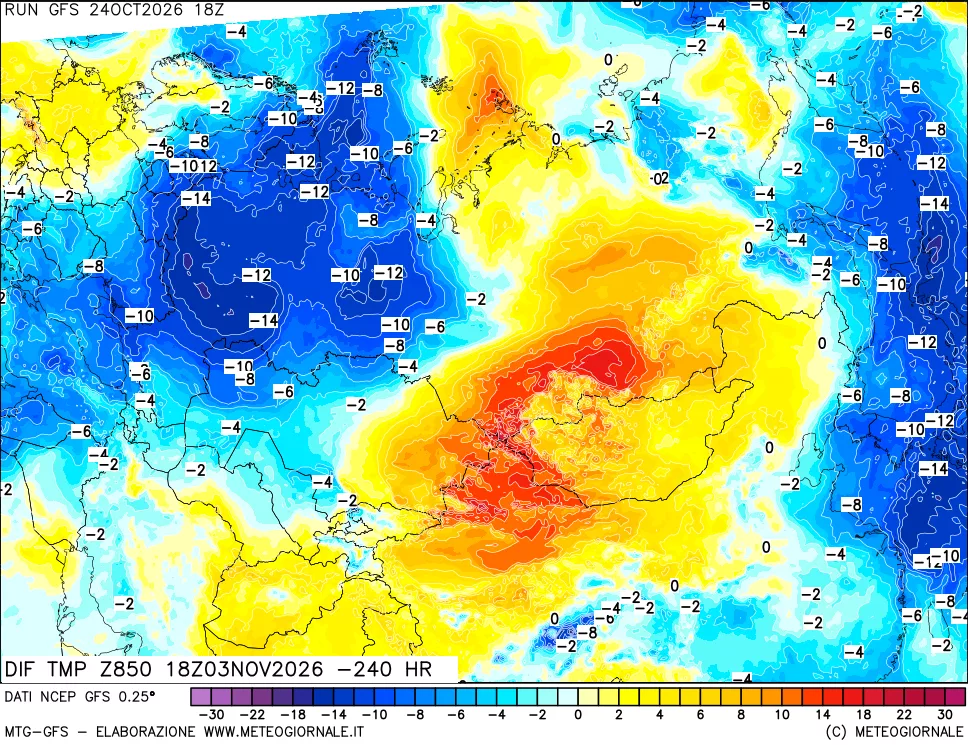mappa Dif. Temp a 850 hPa Valid - Init