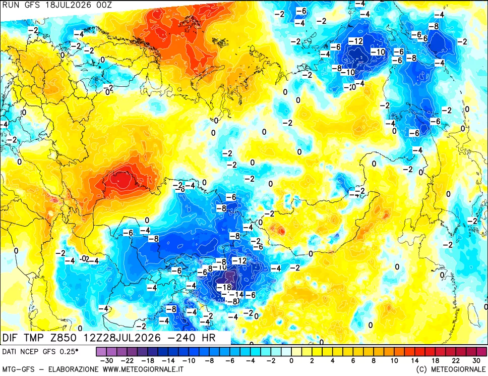 mappa Dif. Temp a 850 hPa Valid - Init