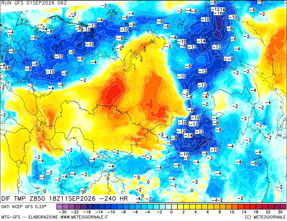 mappa Dif. Temp a 850 hPa Valid - Init