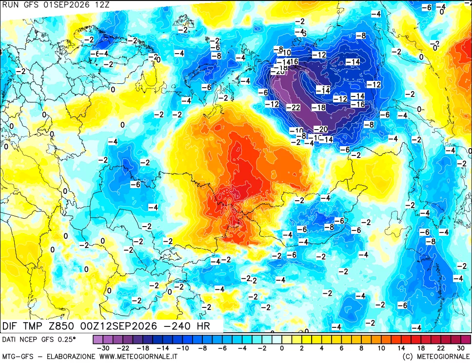 mappa Dif. Temp a 850 hPa Valid - Init