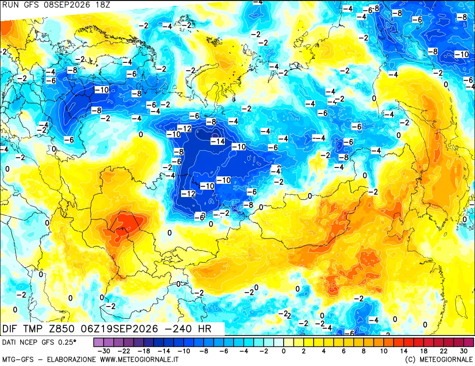 mappa Dif. Temp a 850 hPa Valid - Init