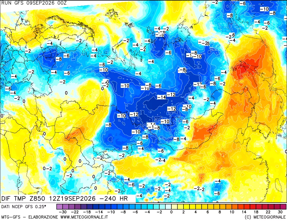 mappa Dif. Temp a 850 hPa Valid - Init