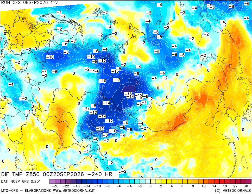 mappa Dif. Temp a 850 hPa Valid - Init