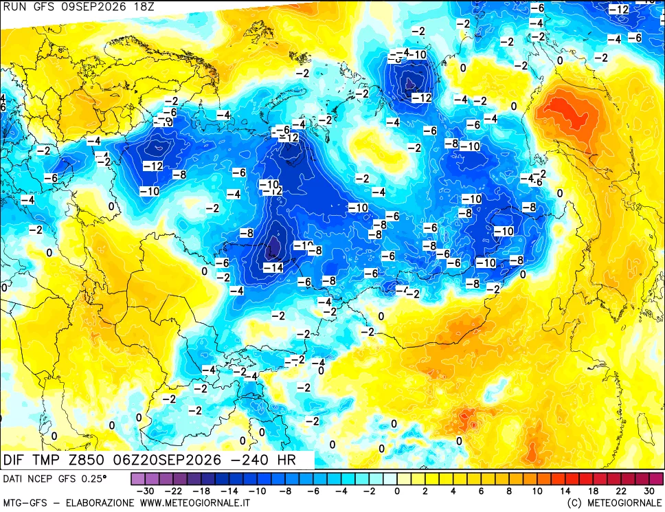 mappa Dif. Temp a 850 hPa Valid - Init