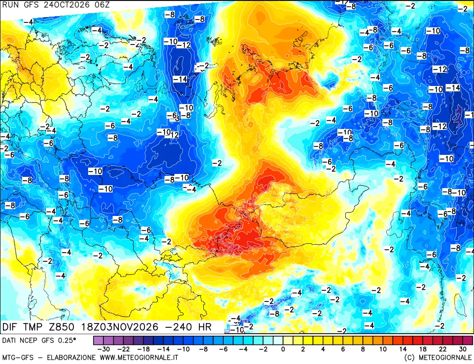 mappa Dif. Temp a 850 hPa Valid - Init