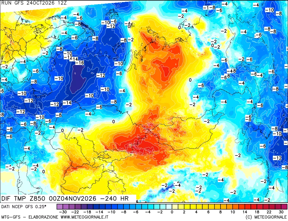 mappa Dif. Temp a 850 hPa Valid - Init