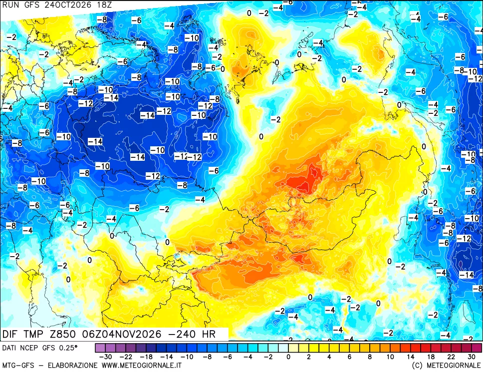 mappa Dif. Temp a 850 hPa Valid - Init