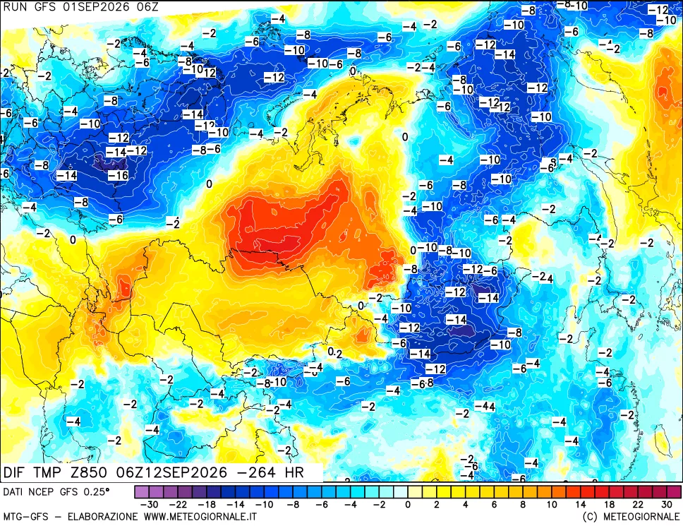 mappa Dif. Temp a 850 hPa Valid - Init
