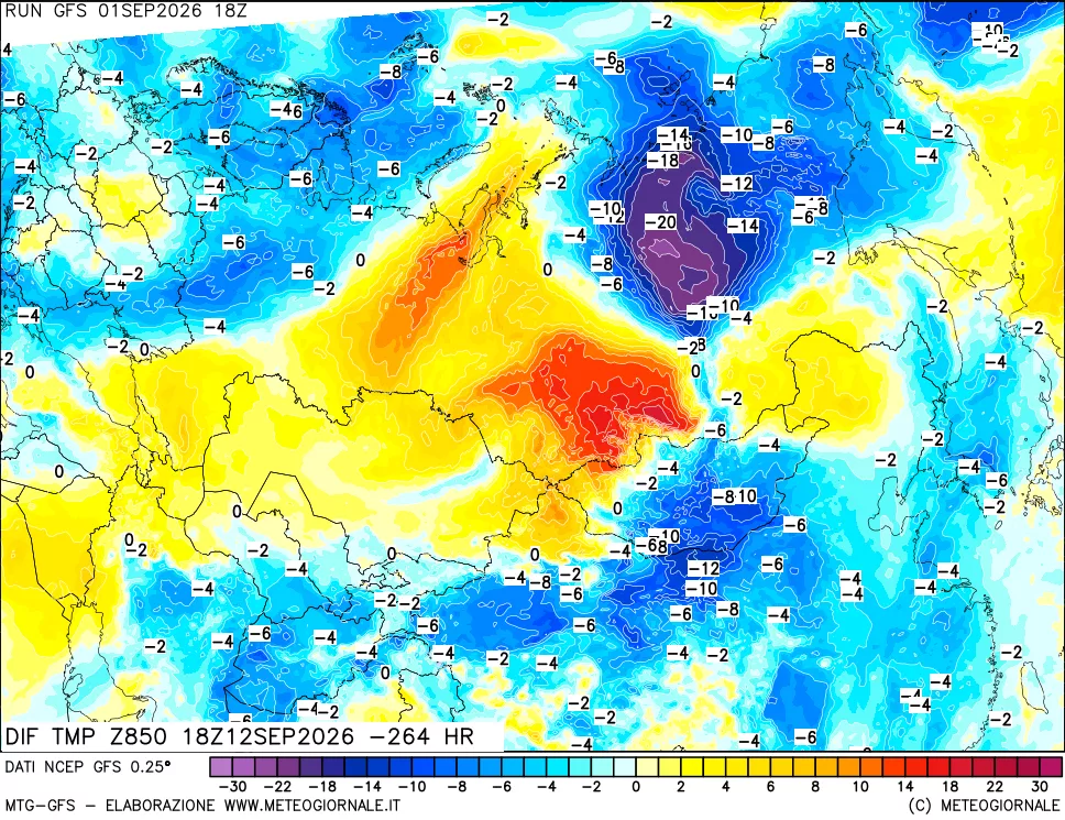 mappa Dif. Temp a 850 hPa Valid - Init