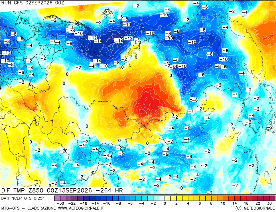 mappa Dif. Temp a 850 hPa Valid - Init