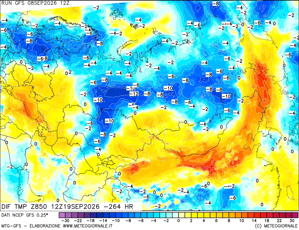 mappa Dif. Temp a 850 hPa Valid - Init