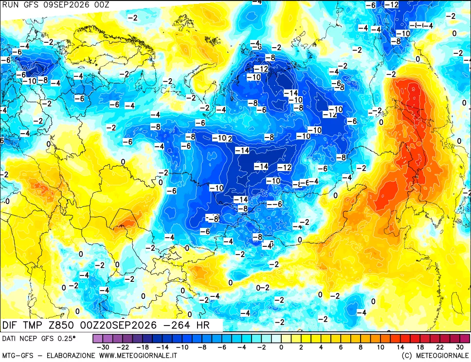 mappa Dif. Temp a 850 hPa Valid - Init