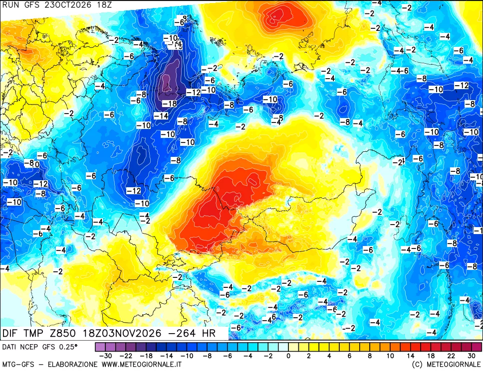 mappa Dif. Temp a 850 hPa Valid - Init