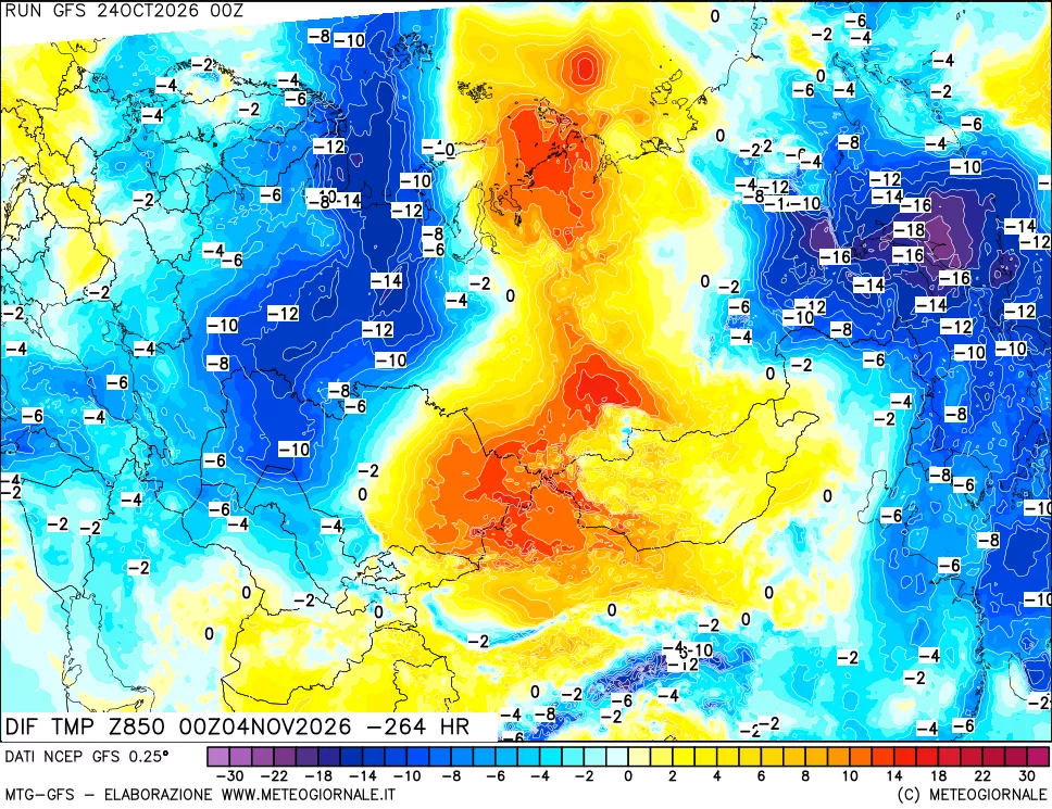 mappa Dif. Temp a 850 hPa Valid - Init