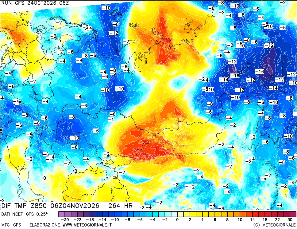 mappa Dif. Temp a 850 hPa Valid - Init