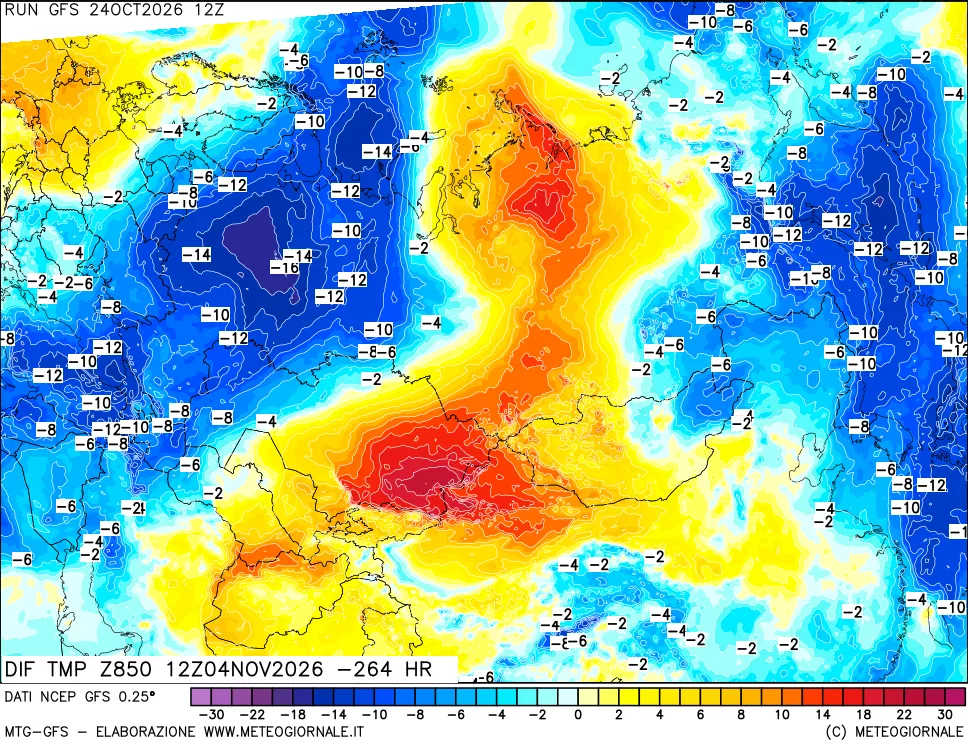 mappa Dif. Temp a 850 hPa Valid - Init
