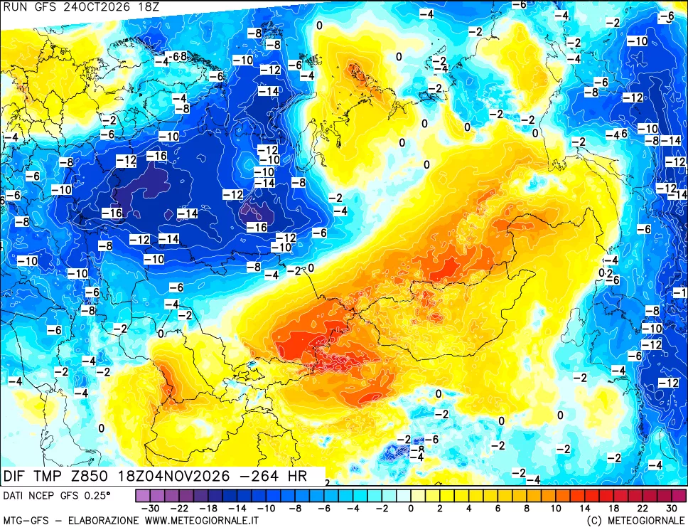 mappa Dif. Temp a 850 hPa Valid - Init