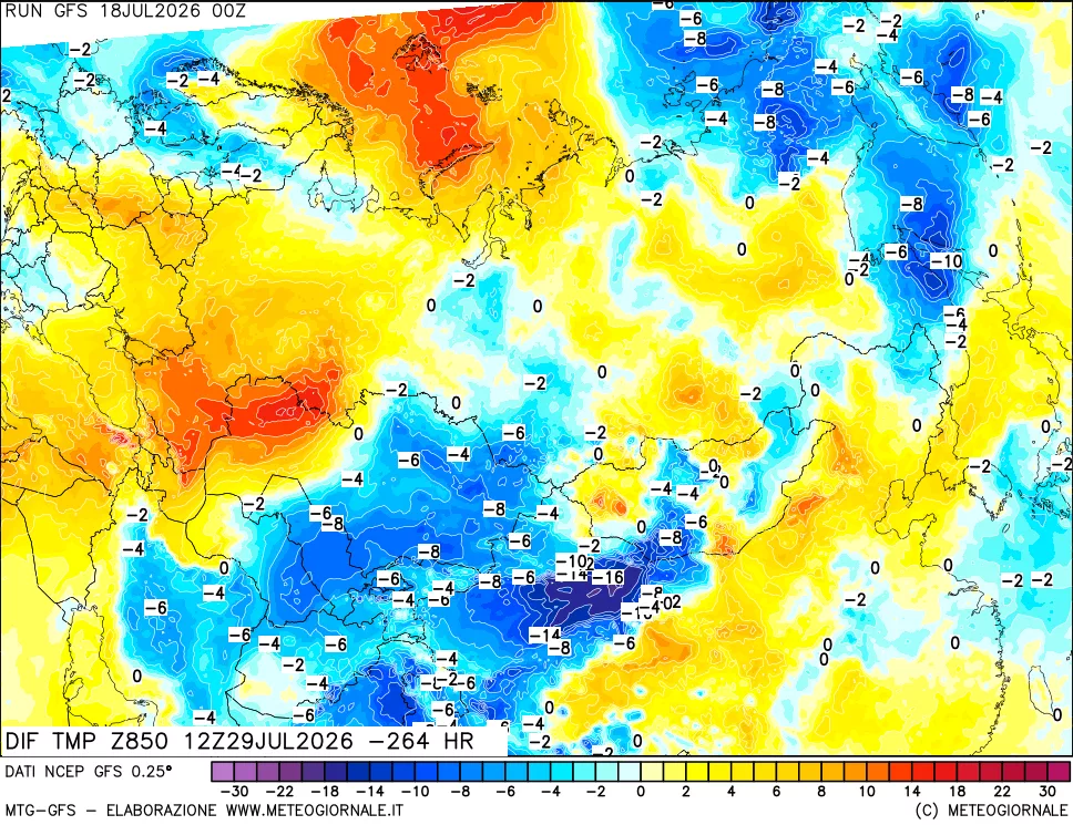 mappa Dif. Temp a 850 hPa Valid - Init