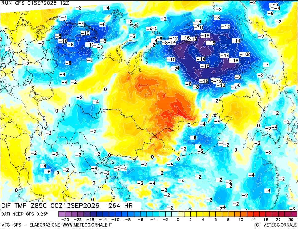 mappa Dif. Temp a 850 hPa Valid - Init