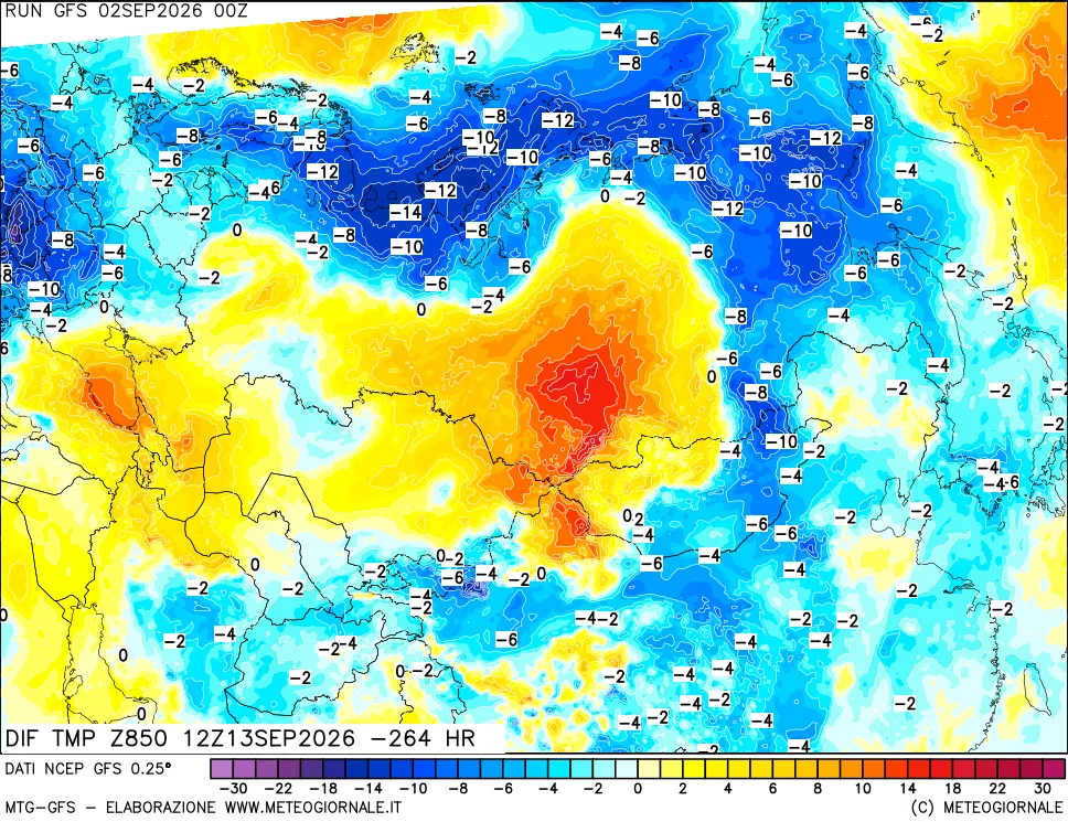 mappa Dif. Temp a 850 hPa Valid - Init