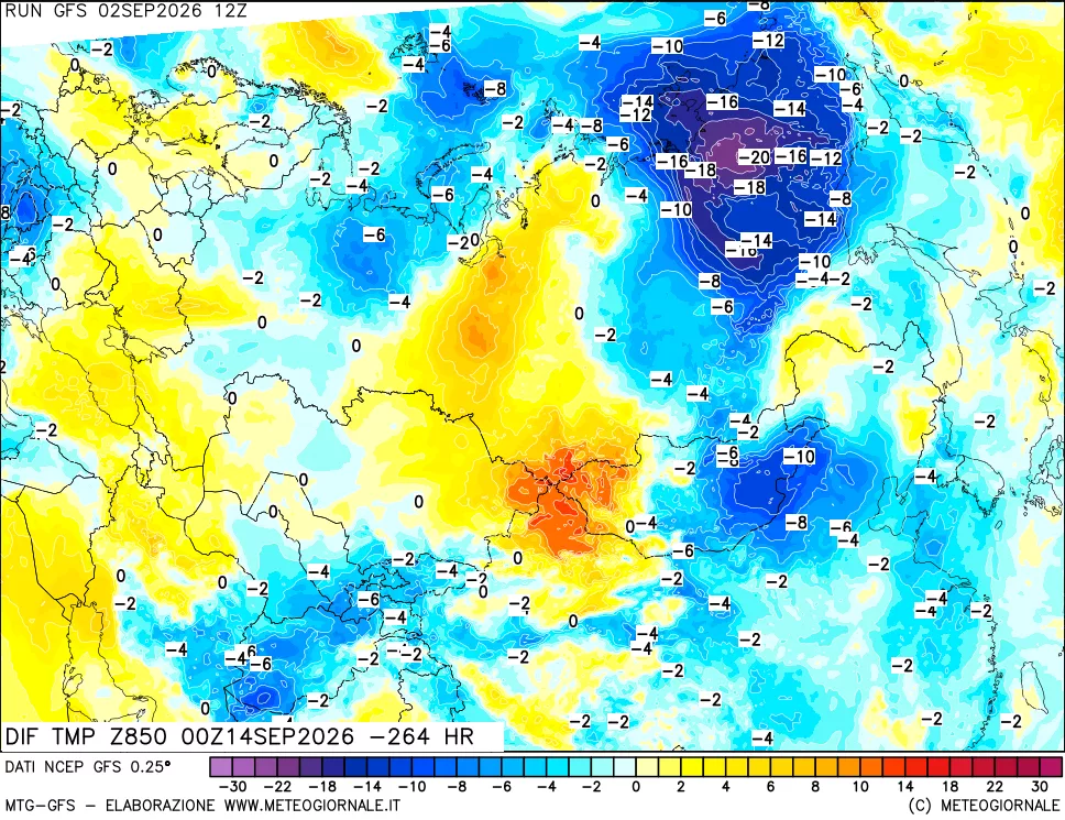 mappa Dif. Temp a 850 hPa Valid - Init