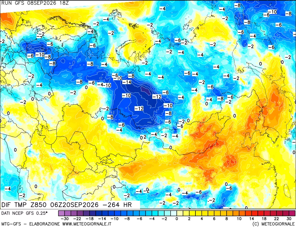 mappa Dif. Temp a 850 hPa Valid - Init