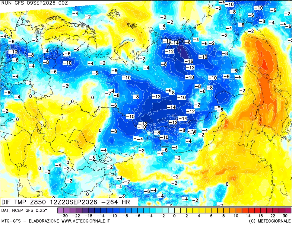 mappa Dif. Temp a 850 hPa Valid - Init