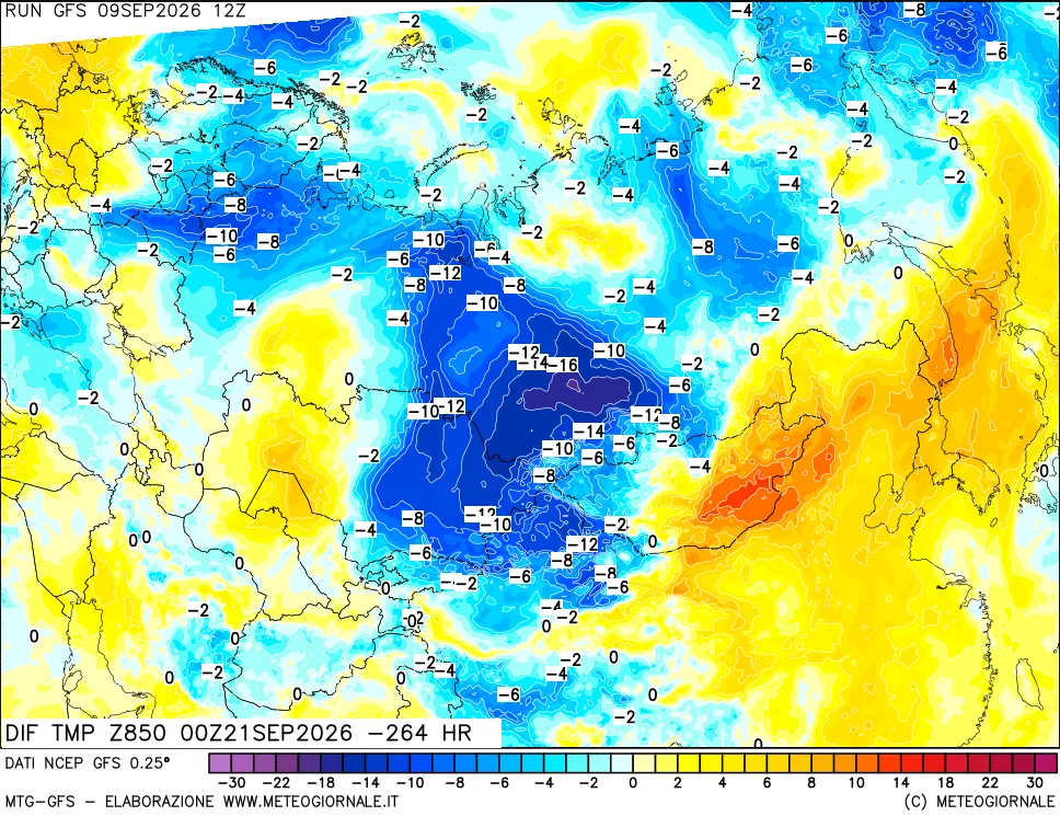 mappa Dif. Temp a 850 hPa Valid - Init