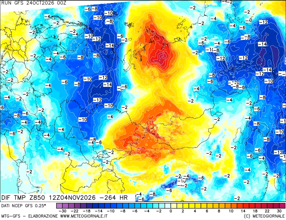 mappa Dif. Temp a 850 hPa Valid - Init