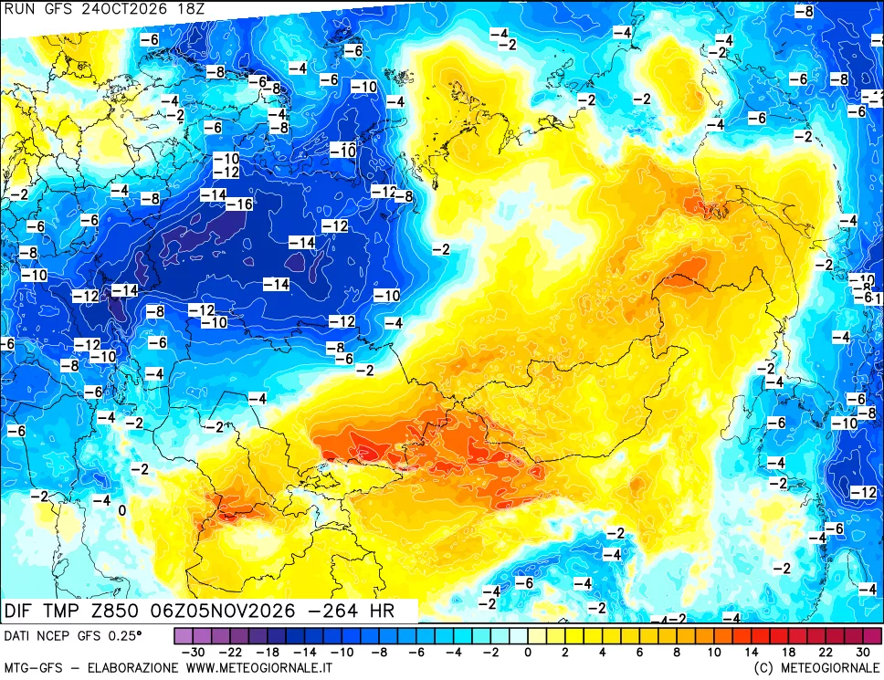 mappa Dif. Temp a 850 hPa Valid - Init
