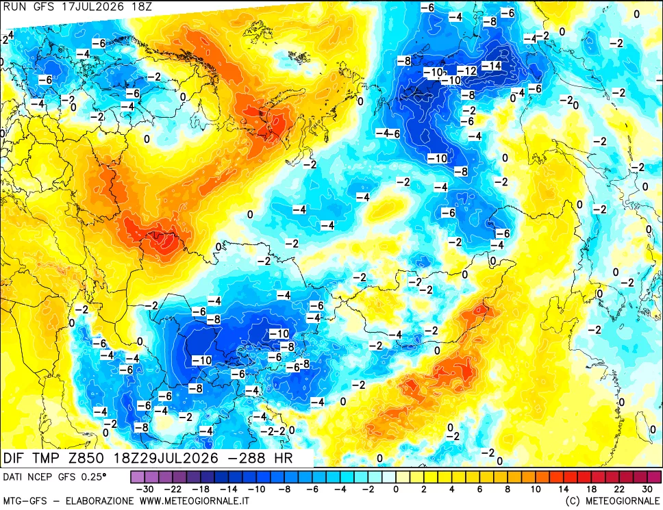 mappa Dif. Temp a 850 hPa Valid - Init