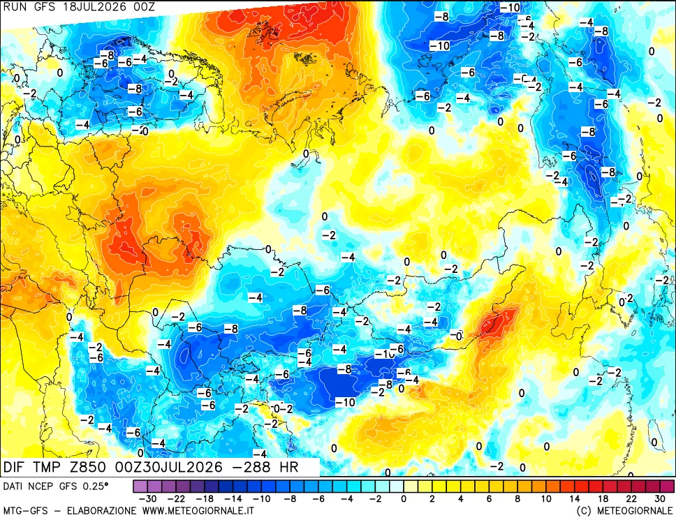 mappa Dif. Temp a 850 hPa Valid - Init