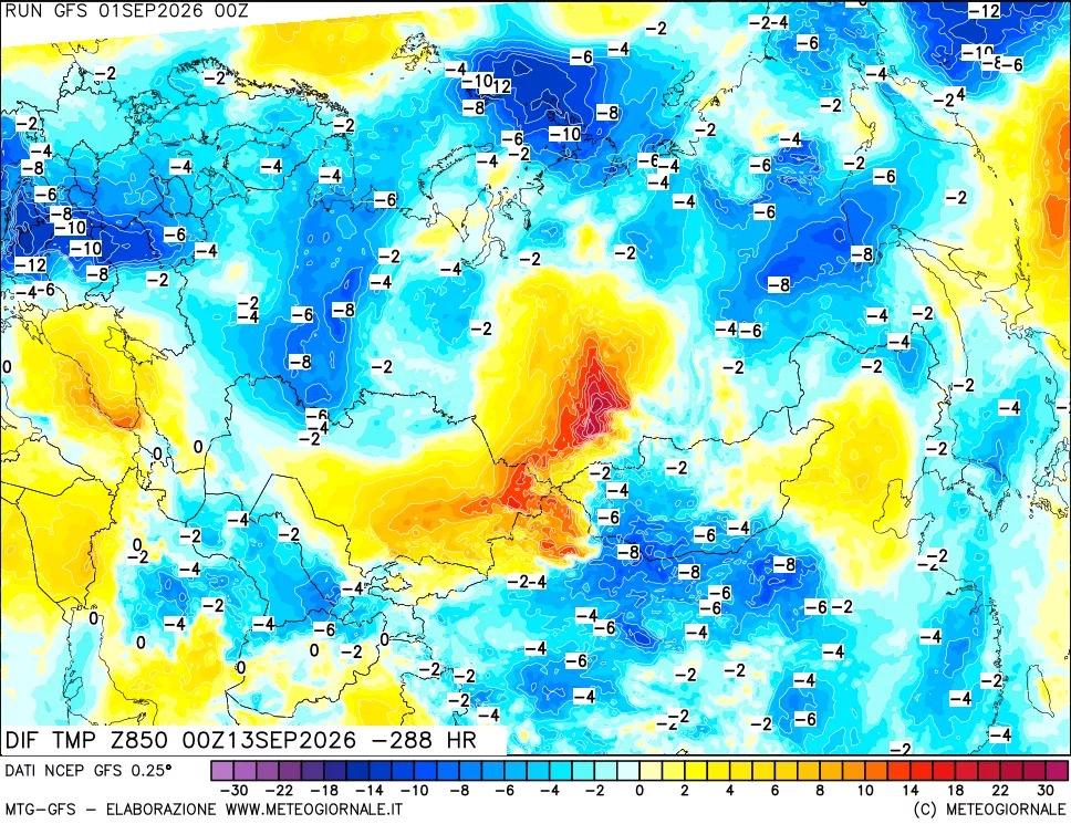 mappa Dif. Temp a 850 hPa Valid - Init