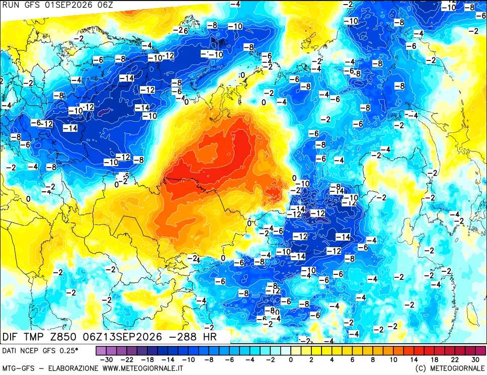 mappa Dif. Temp a 850 hPa Valid - Init