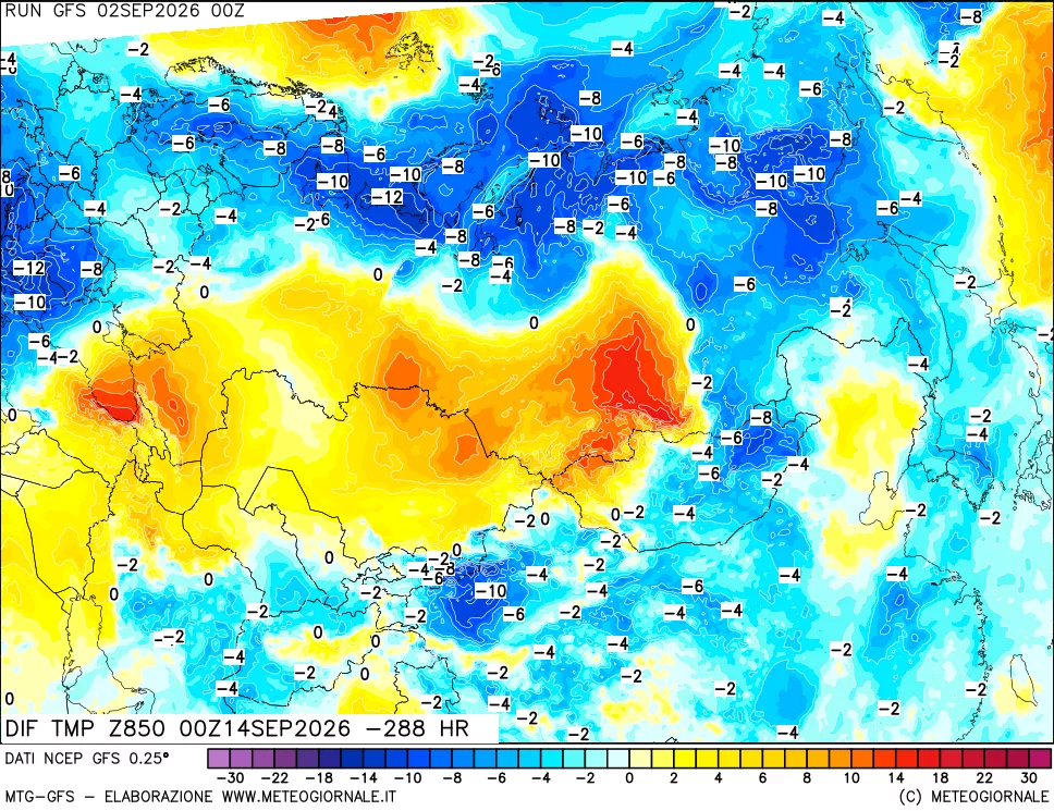 mappa Dif. Temp a 850 hPa Valid - Init