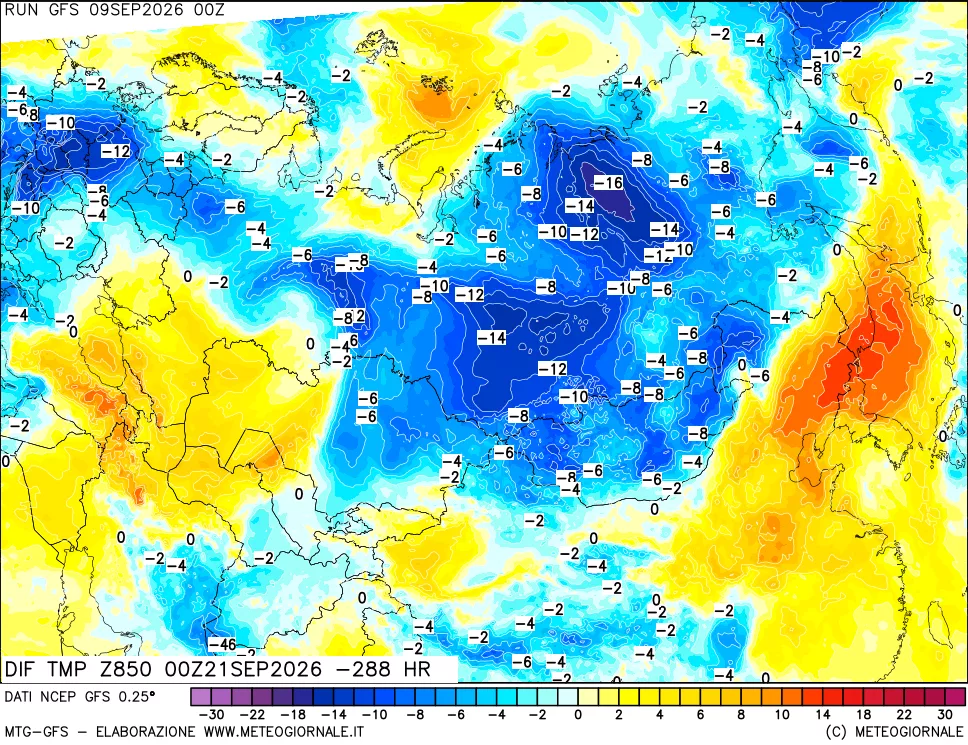 mappa Dif. Temp a 850 hPa Valid - Init