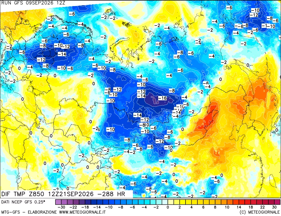 mappa Dif. Temp a 850 hPa Valid - Init
