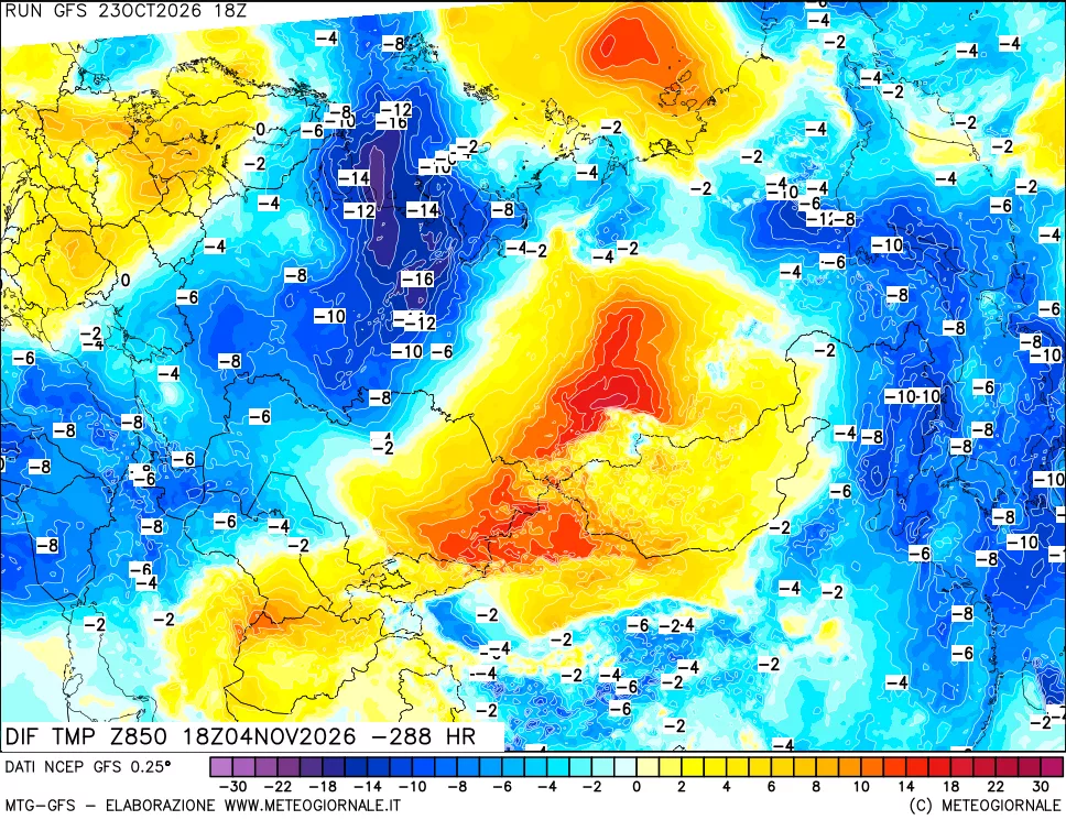 mappa Dif. Temp a 850 hPa Valid - Init