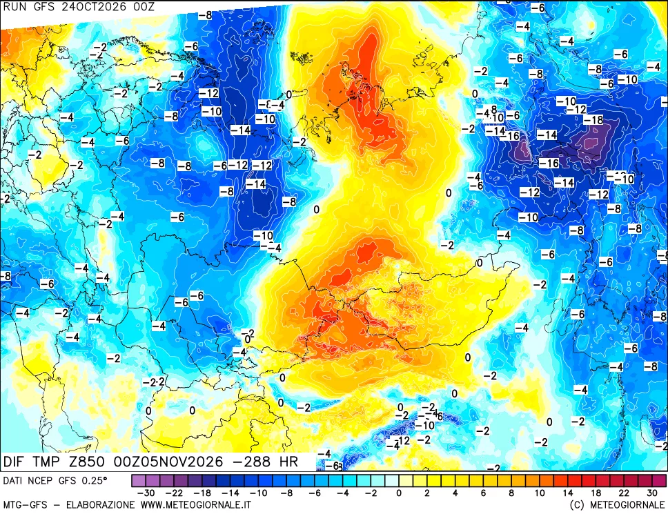 mappa Dif. Temp a 850 hPa Valid - Init